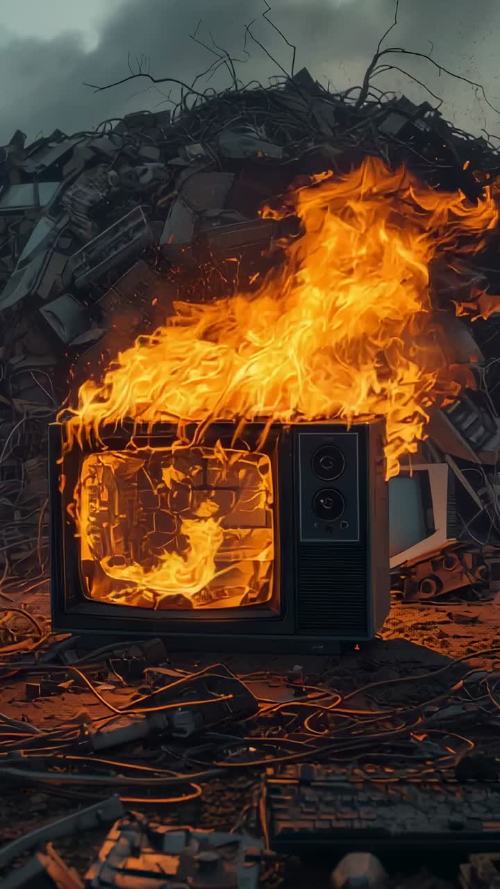 Vertical video: Starting small flames inside CRT TV set burning front and top at scrap heap, smoke