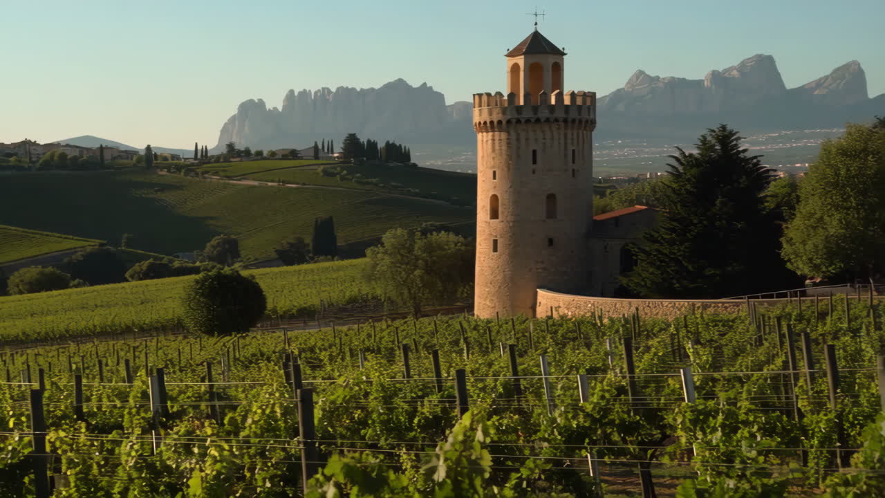 Scenic Vineyard with Historic Tower and Distant Mountains