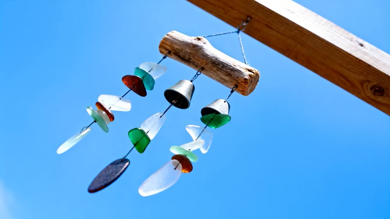 Swaying wind chime rotating and rocking from breeze at porch beam with driftwood sea glass bells