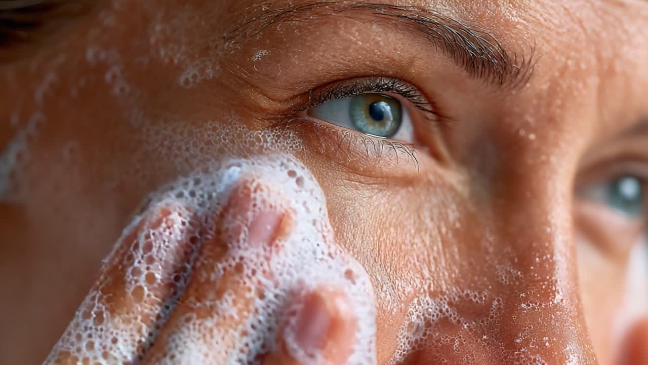 Close-Up of a Person Washing Their Face with Foaming Cleanser, Capturing the Care and Attention in Their Eye During a Skincare Routine for Radiant Skin