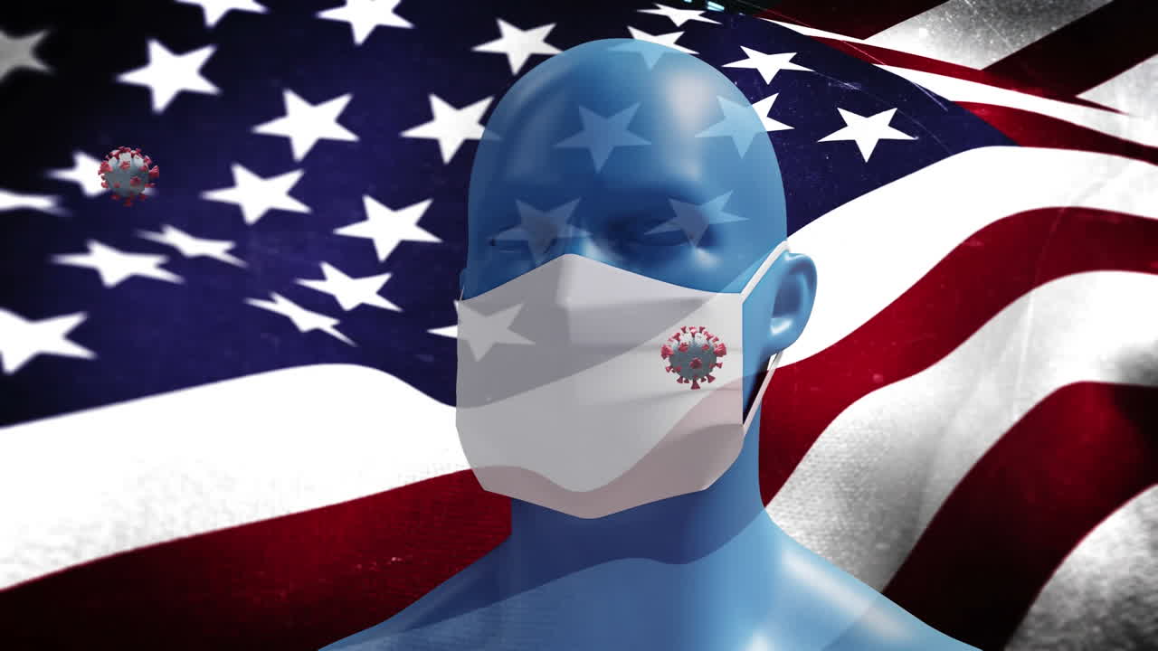 코로나19 세포와 인간의 머리 모델이 얼굴 마스크를 쓰고 우리에게  ⁇ 발을 흔들고 있습니다.