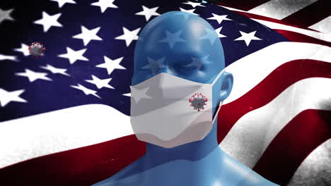 covid-19 cells and human head model wearing face mask against us flag waving