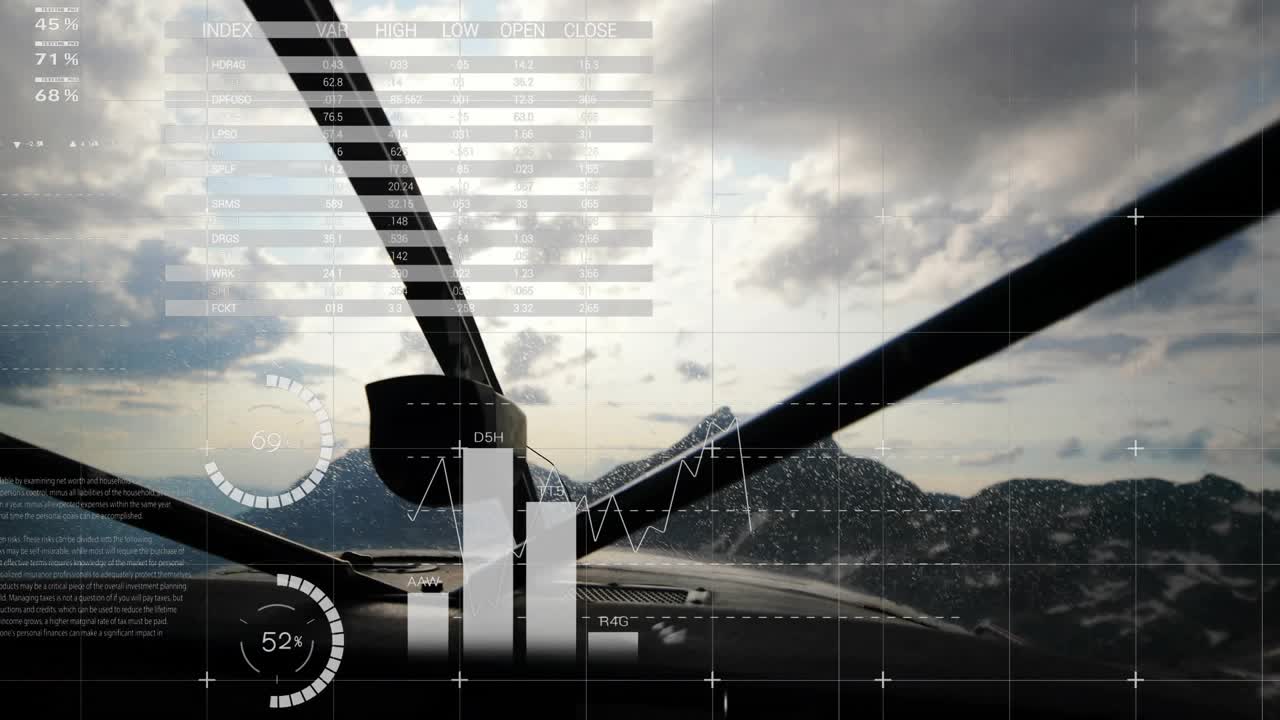Fading in cockpit HUD elements animating gauges and charts while visualizing flight data metrics