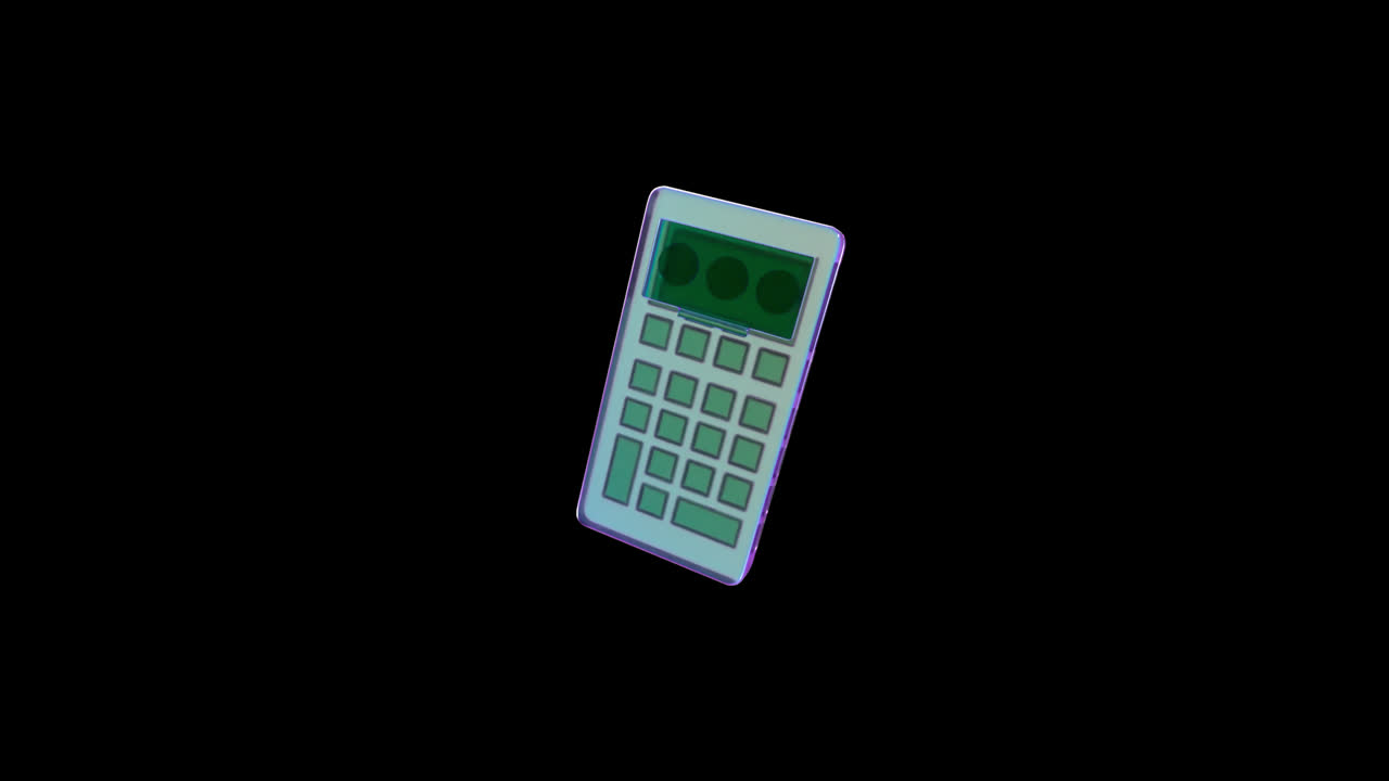 Calculatrice 3D animée avec effet de verre irisé en rotation