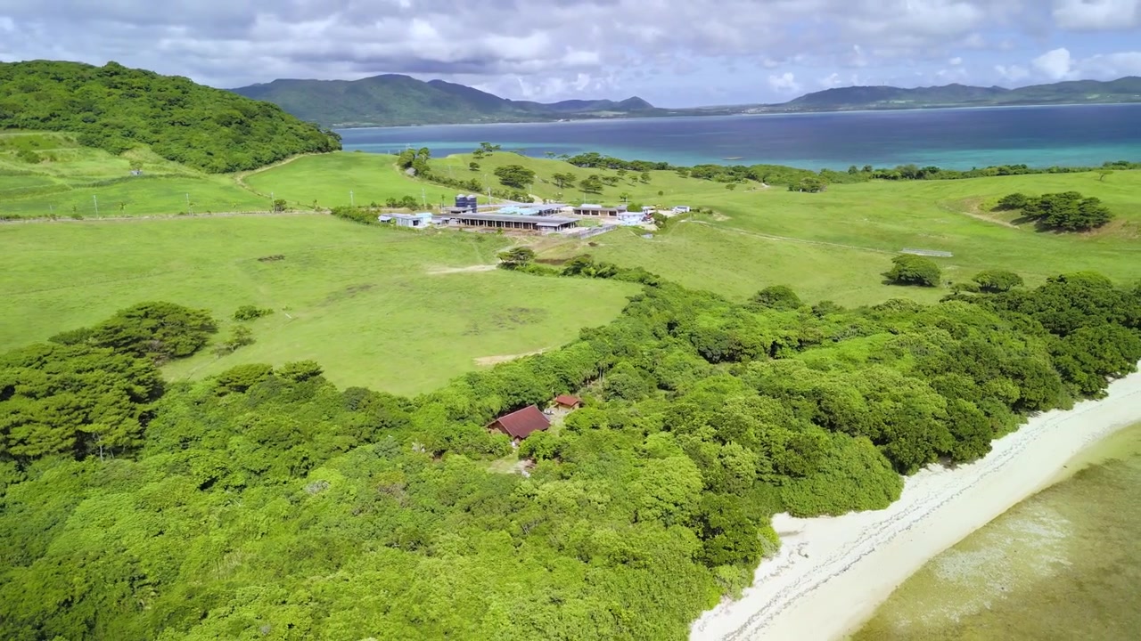 石垣島の白い砂浜の海岸沿い、鬱蒼とした緑の木々にひっそりと佇む一軒家の空撮。