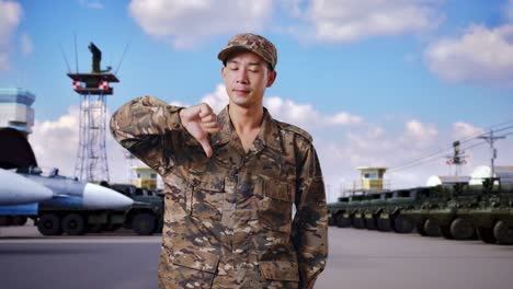 asian man soldier showing thumbs down gesture to camera while standing at military camp