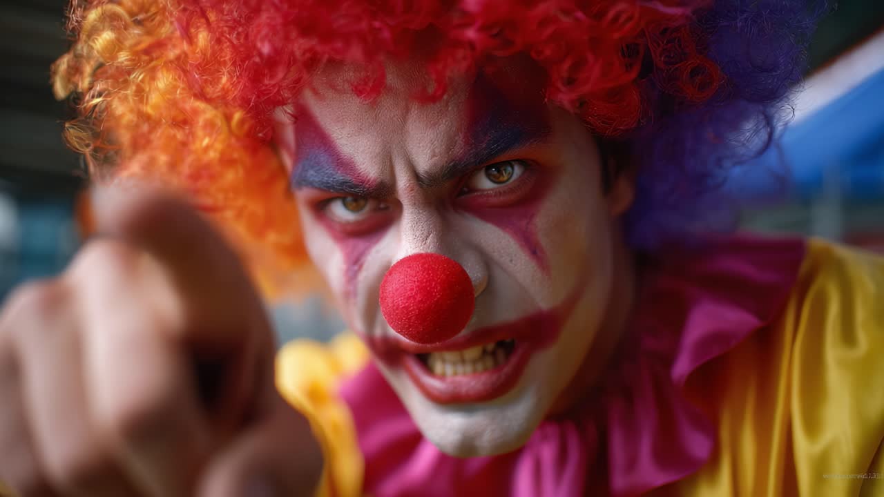 A Dramatic Close-Up of an Intense Clown with Colorful Hair and Makeup, Capturing Emotion and Expression in an Engaging Performance