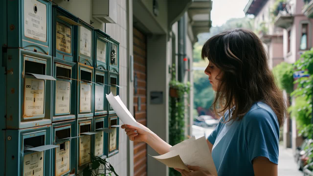 Millennial woman inserting personal letter into vintage blue mailbox while standing on quiet residential street during daytime, capturing everyday communication routine