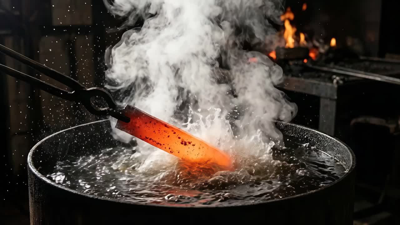 Metal being quenched in water during blacksmithing process