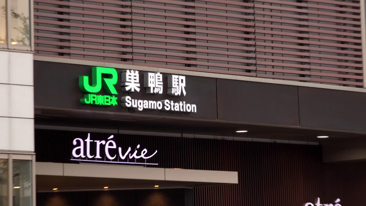 TOKYO, JAPAN - 8th Oct. 2018 : JR SUGAMO station, North Exit, 4K, people come and go in the afternoon, zoom in, Camera fixed, Angle neutral view.