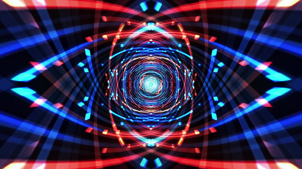 animación de bucle sin costuras de 4k de coloridos senderos de luz de neón azul y rojo que se mueven en el túnel de la matriz para tecnología, ciencia, futurista, videos musicales, rendimiento, eventos de moda fondo abstracto.