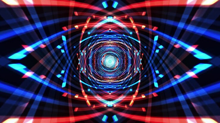 4K Seamless loop animation of colorful blue and red neon light trails moving in the matrix tunnel for technology, science, futuristic, music videos, performance, fashion events abstract background.