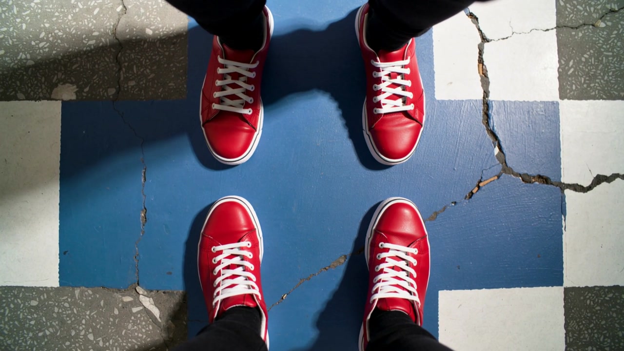 Framing overhead, two adults shifting feet, talking on blue tile, crack, shadow, red sneakers