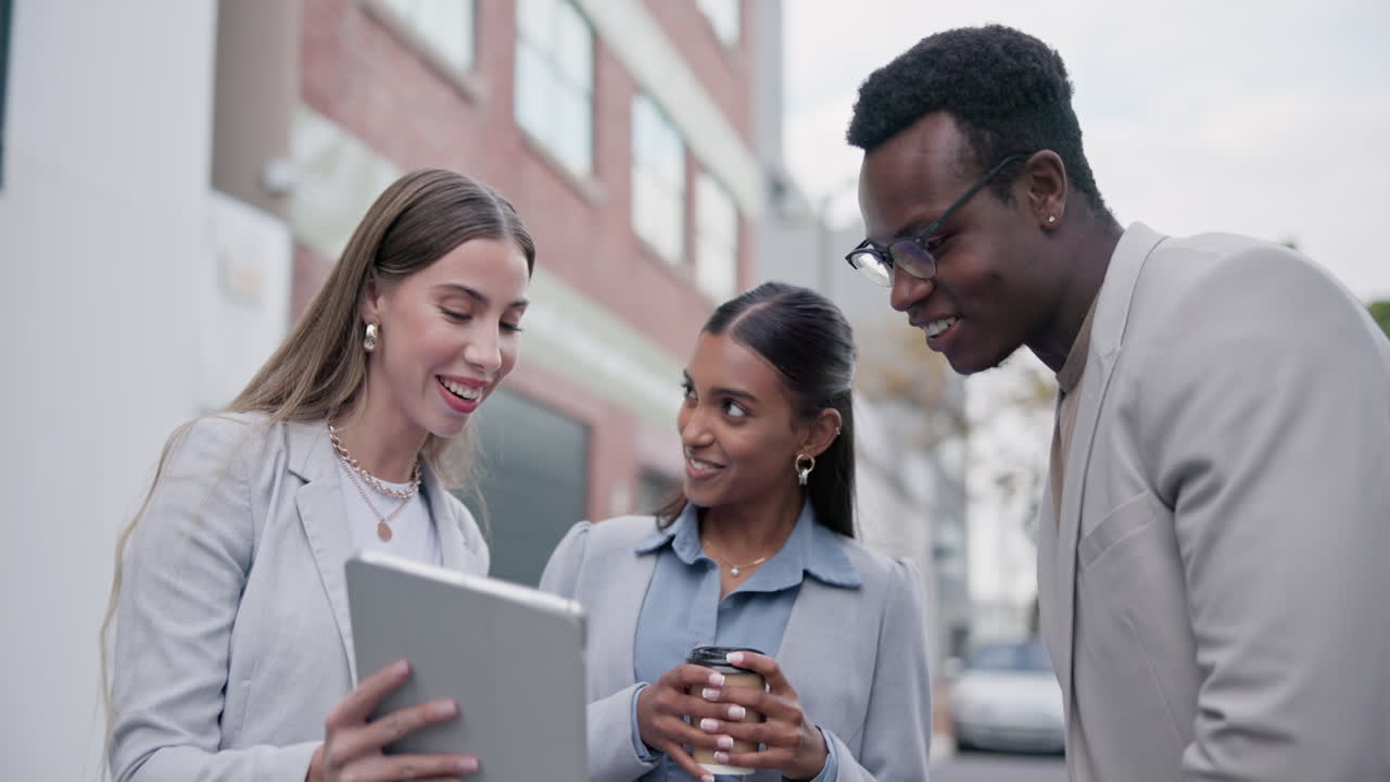 City, tablet and business people conversation