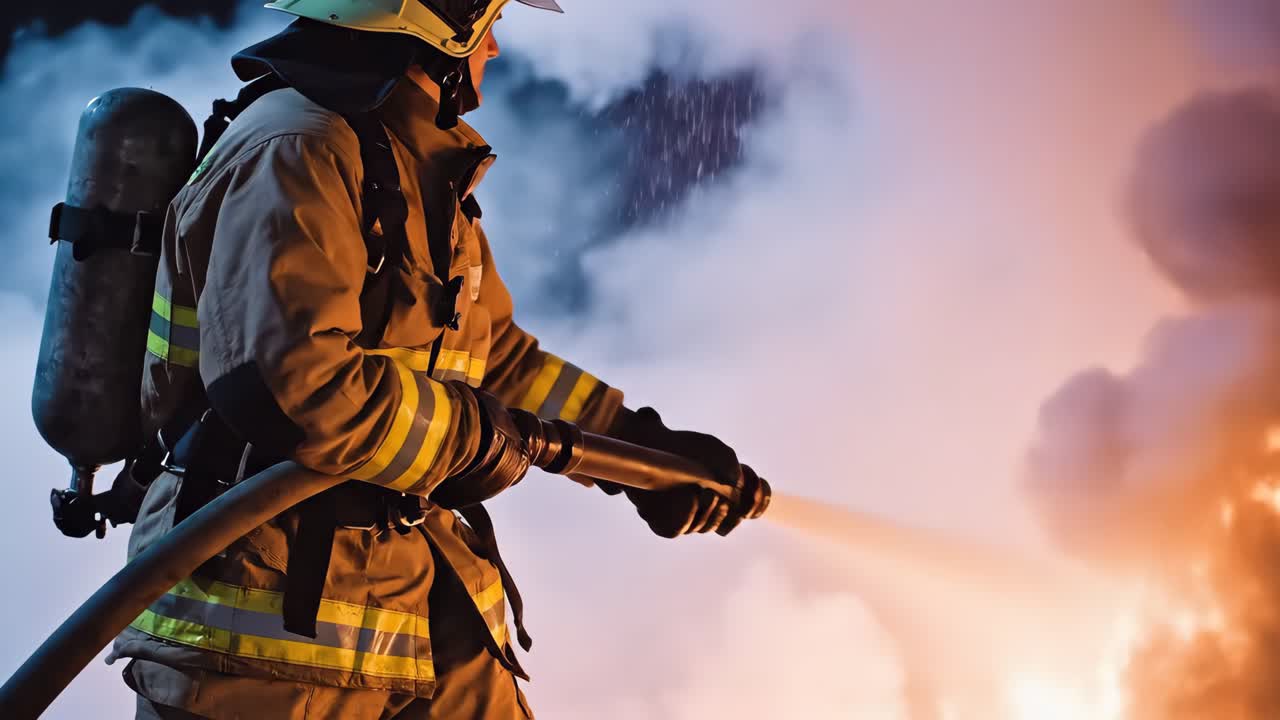 Bombeiro segurando mangueira durante operação de resgate