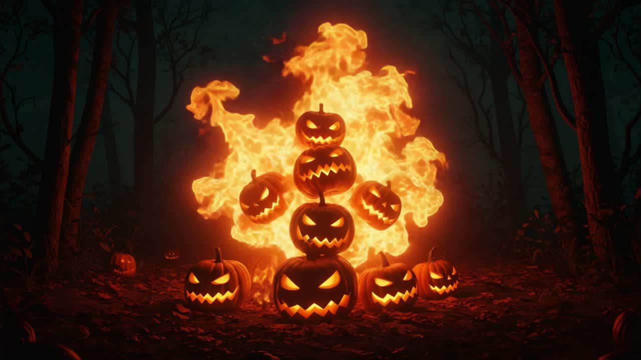 A spine-chilling display of glowing jack-o'-lanterns ignites a fiery spectacle in a mystical forest, celebrating the enchanting essence of Halloween thrills and eerie delights