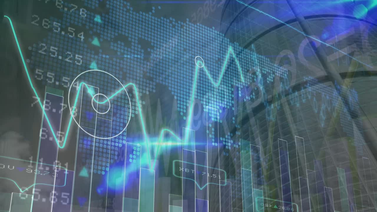 animación del procesamiento de datos y mapa del mundo sobre el paisaje urbano
