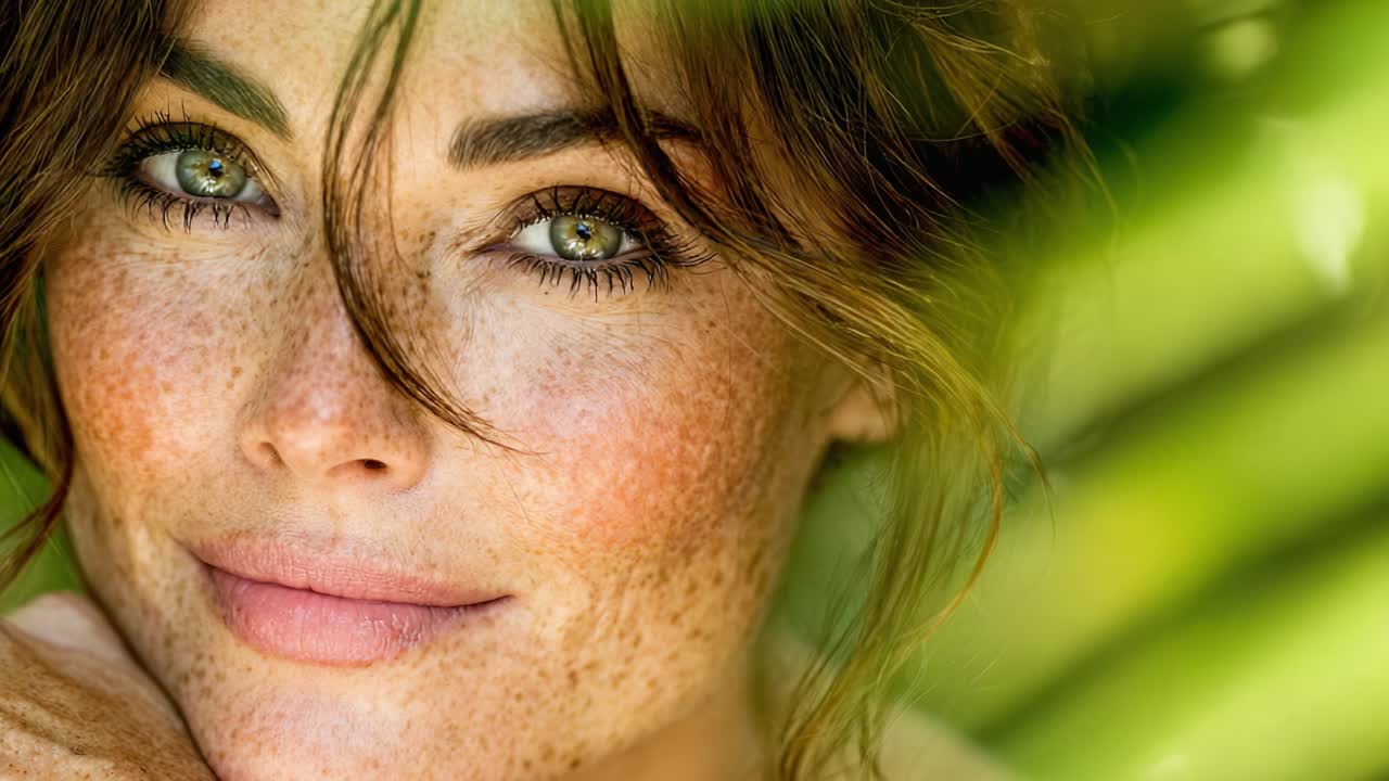 Vibrant Close-up of a Natural Beauty with Freckles and Green Eyes Framed by Lush Greenery, Capturing the Essence of Freshness and Youthful Charm