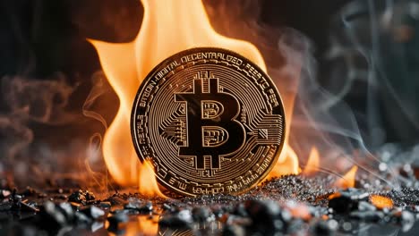 golden bitcoin coin amidst flames