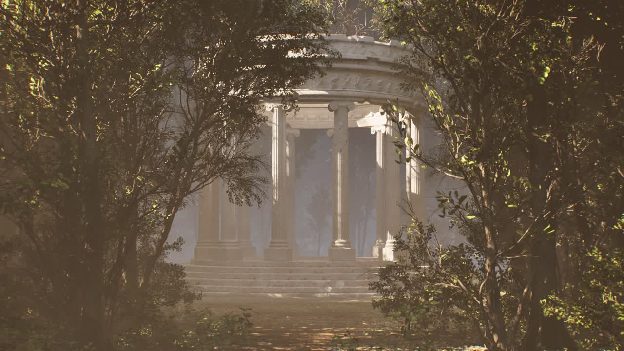 Ancient stone temple monument in a mysterious magical forest