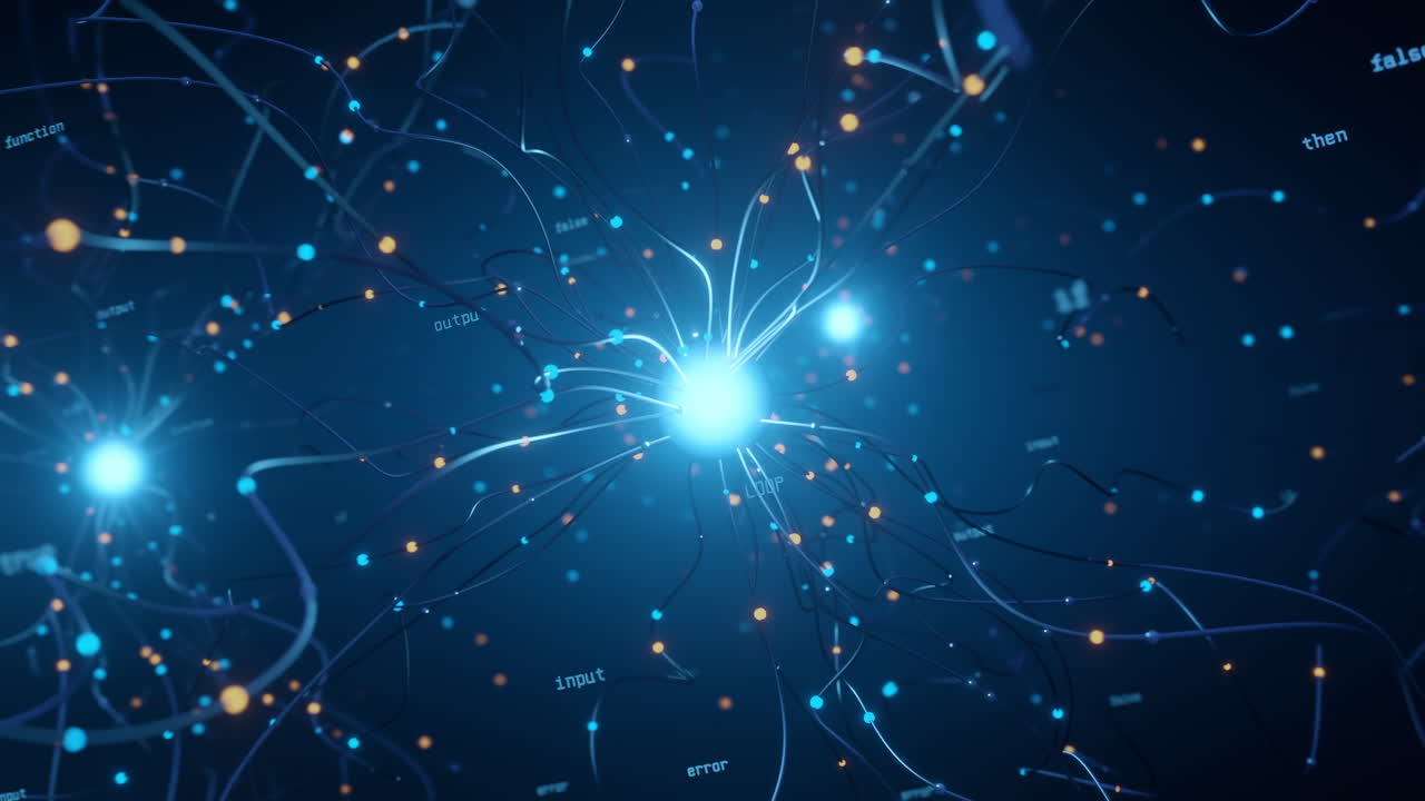 Cervello AI futuristico con linee luminose di rete neurale e nodi di dati digitali su sfondo blu scuro