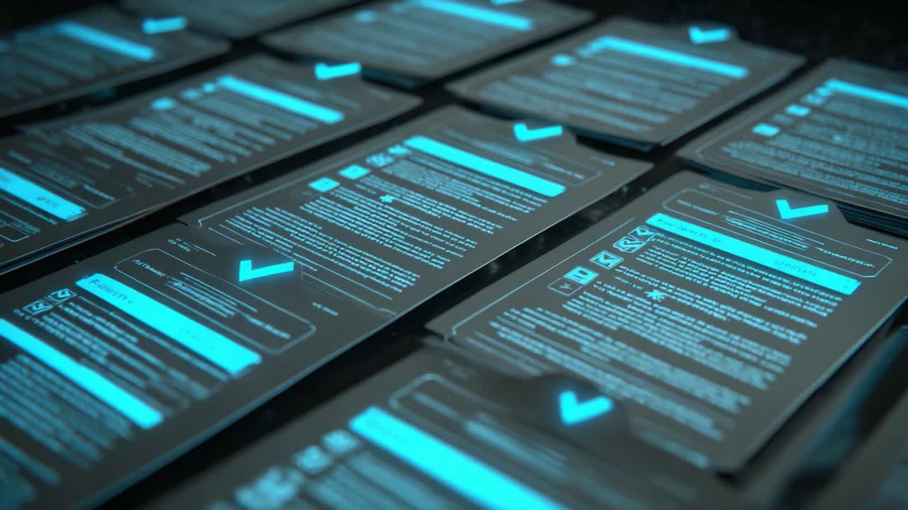 A Close-Up View of Multiple Digital Documents on a Dark Surface, Featuring Illuminated Text and Visual Elements, Representing Modern Information Management and Technology