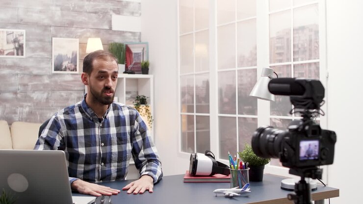 Uomo che registra un video blog nel suo ufficio domestico