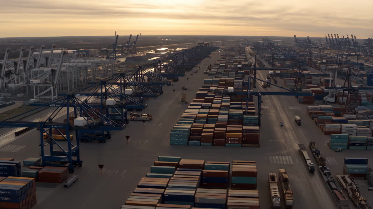 Aerial View of a Busy Container Port with Cranes and Shipping Containers at Sunset
