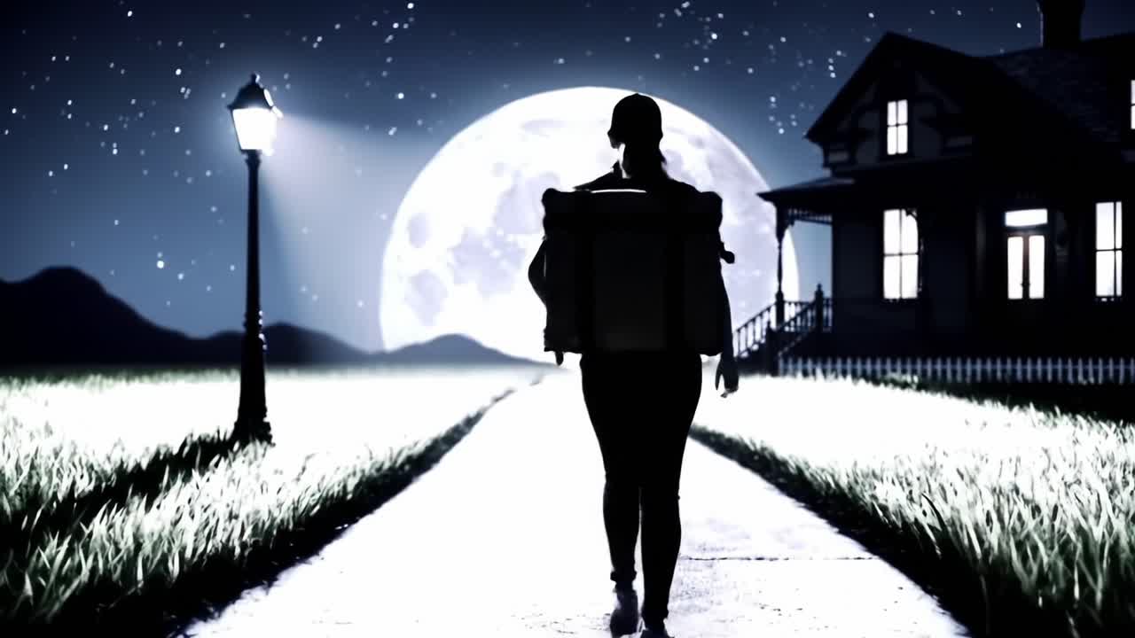 A Mysterious Night Journey: Individual Approaches a Home Under the Light of a Full Moon and Street Lamp, Surrounded by Serene Landscapes and Stars