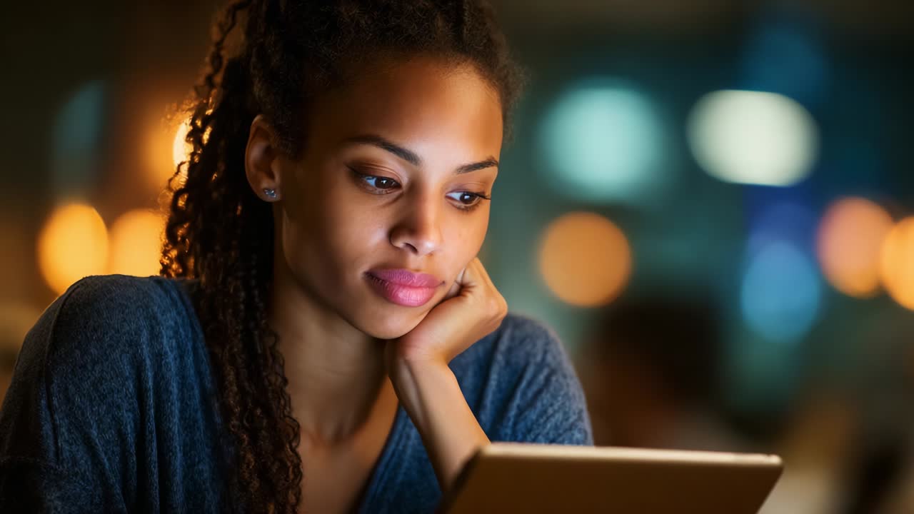 A contemplative moment features a woman intently engaged with her tablet, showcasing a serene expression amid a softly illuminated background filled with warm bokeh lights emanating an inviting ambiance