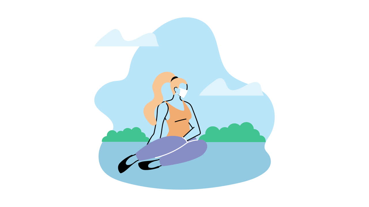 코로나19 예방을 위해 의료 마스크를 착용한 젊은 여성이 공원에서 휴식을 취합니다.