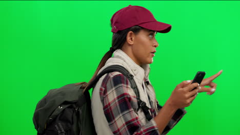 Green-screen,-travel-and-woman-with-a-smartphone