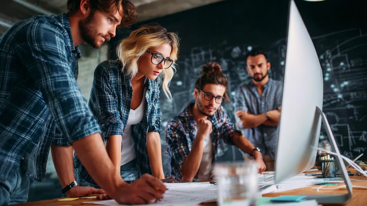 En gruppe fokuserede personer, der samarbejder om et projekt, mens de analyserer planer og ideer på en computerskærm i et moderne arbejdsområde, hvilket viser teamwork og kreativitet
