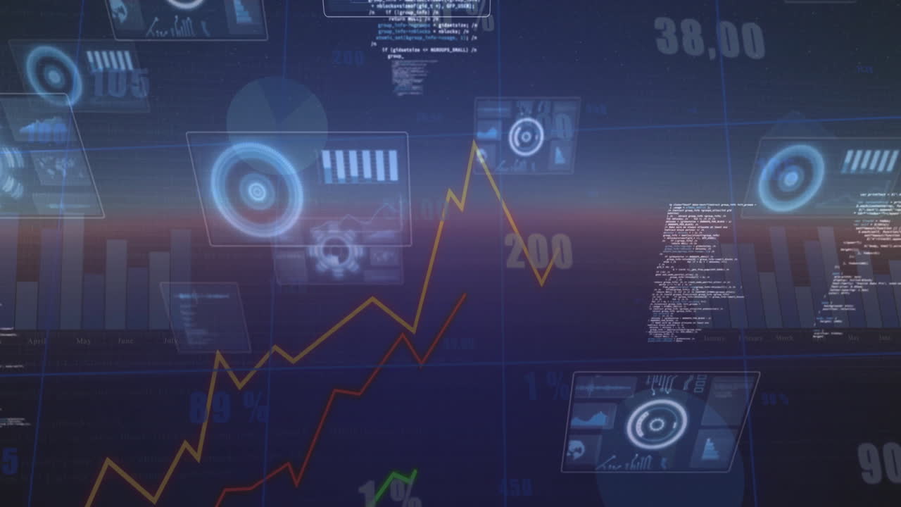 Animation of financial data processing over dark background