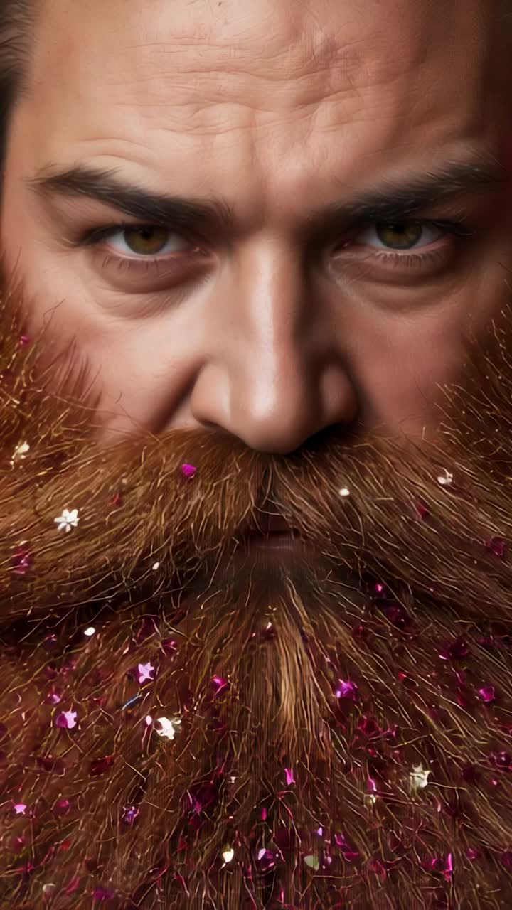 Vídeo vertical: Cámara grabando, hombre con barba manteniendo una mirada fija en un estudio, mostrando purpurina