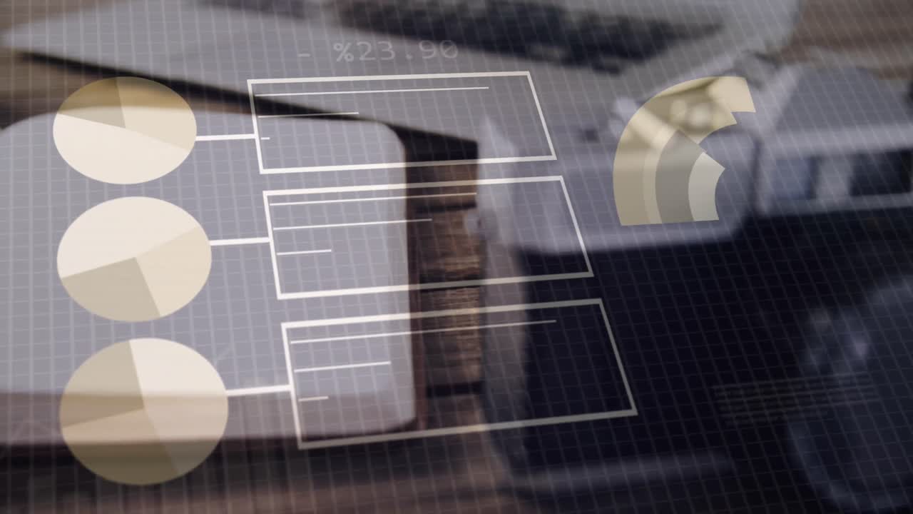 Animation of financial data processing over office desk with electronic devices