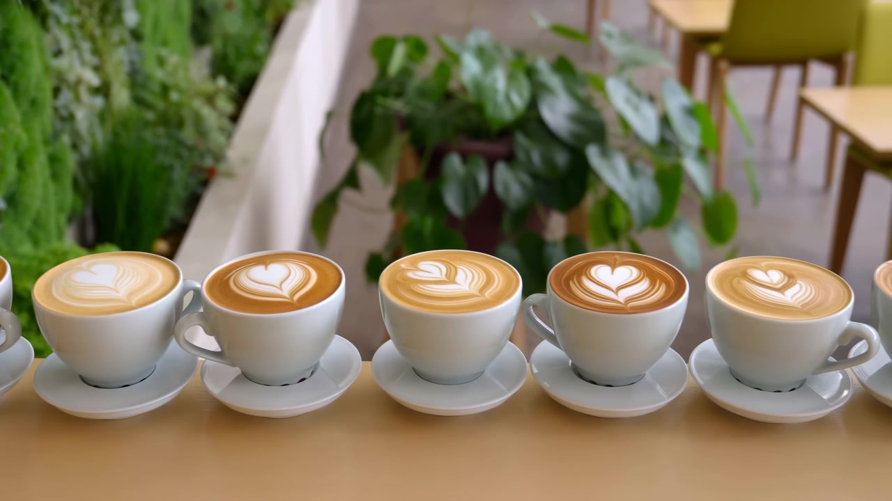 Seis xícaras de cerâmica brancas em pires combinando, alinhadas ao longo da borda frontal de um balcão de madeira, cada uma cheia de café com leite coberto com arte latte distinta de coração e roseta em espuma branca cremosa.