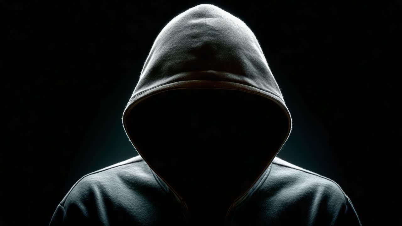 Mysterious Figure in Shadows: An Intense Depiction of a Hooded Persona Set Against an Eerie Dark Background, Evoking Themes of Anonymity and Intrigue