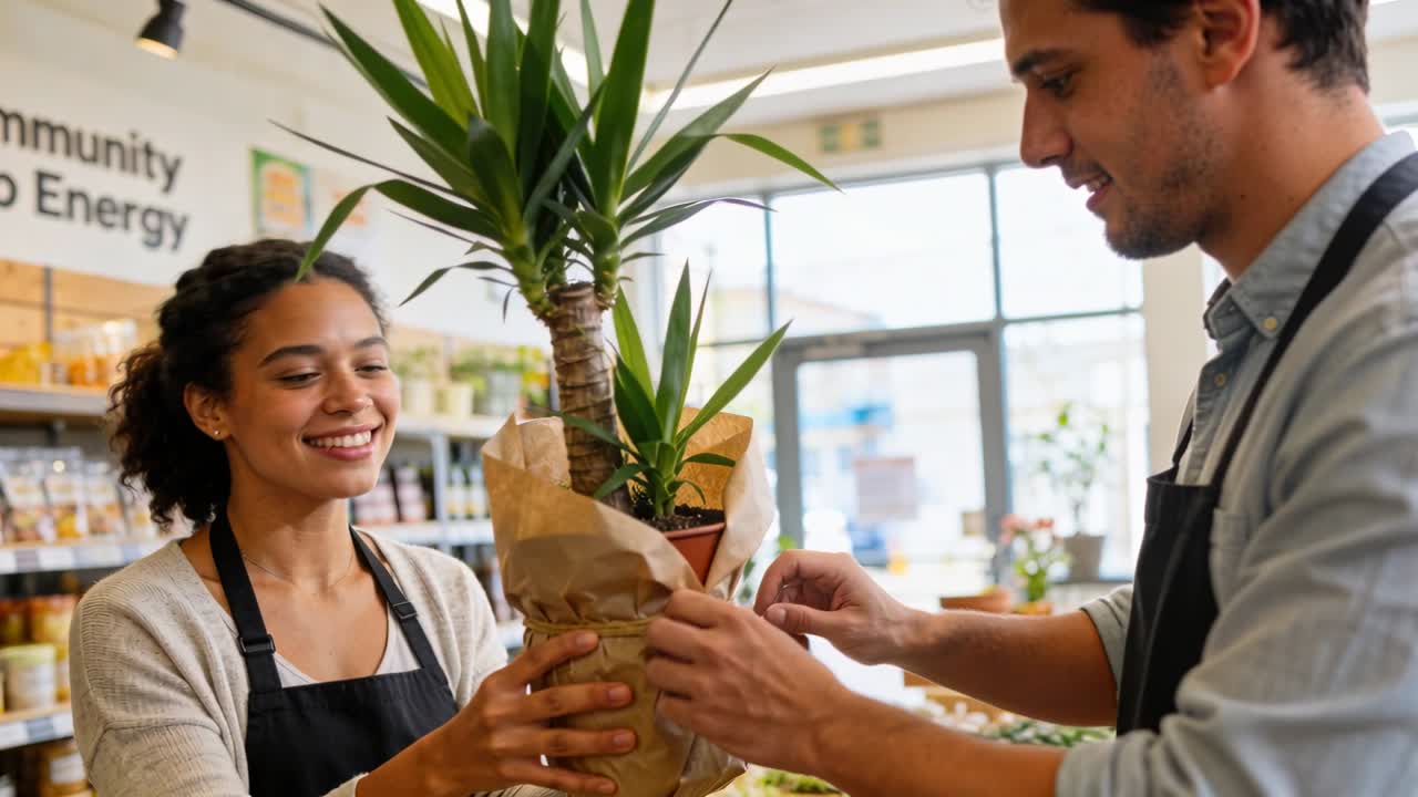 Compañeros de trabajo alcanzando y asegurando una planta con cordel y papel kraft en una tienda para la venta, vistiendo delantales.