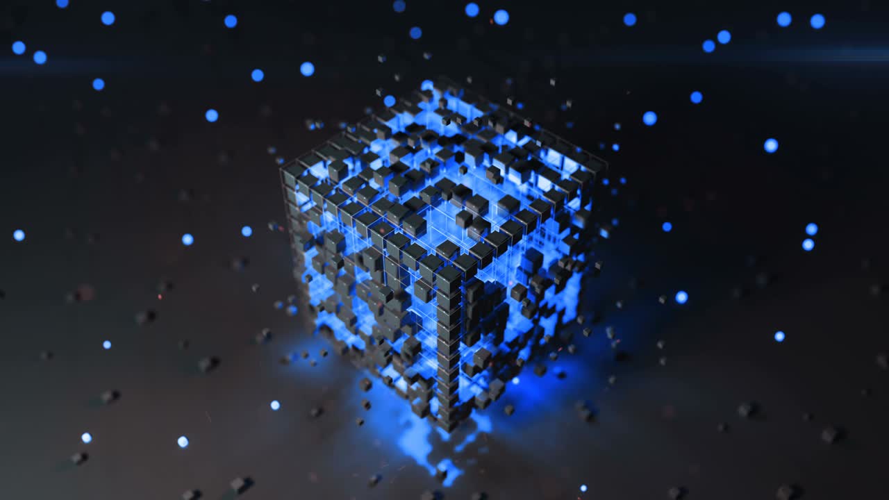 Cube with blue moving blocks seamless loop 3D render animation