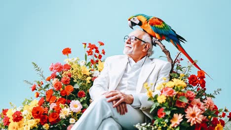 senior man with macaw and flowers