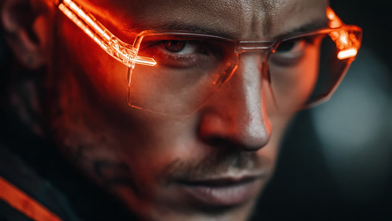 A close-up of a person with striking illuminated glasses, capturing an intense gaze and an edgy style, highlighting the fusion of modern fashion and electrifying aesthetics