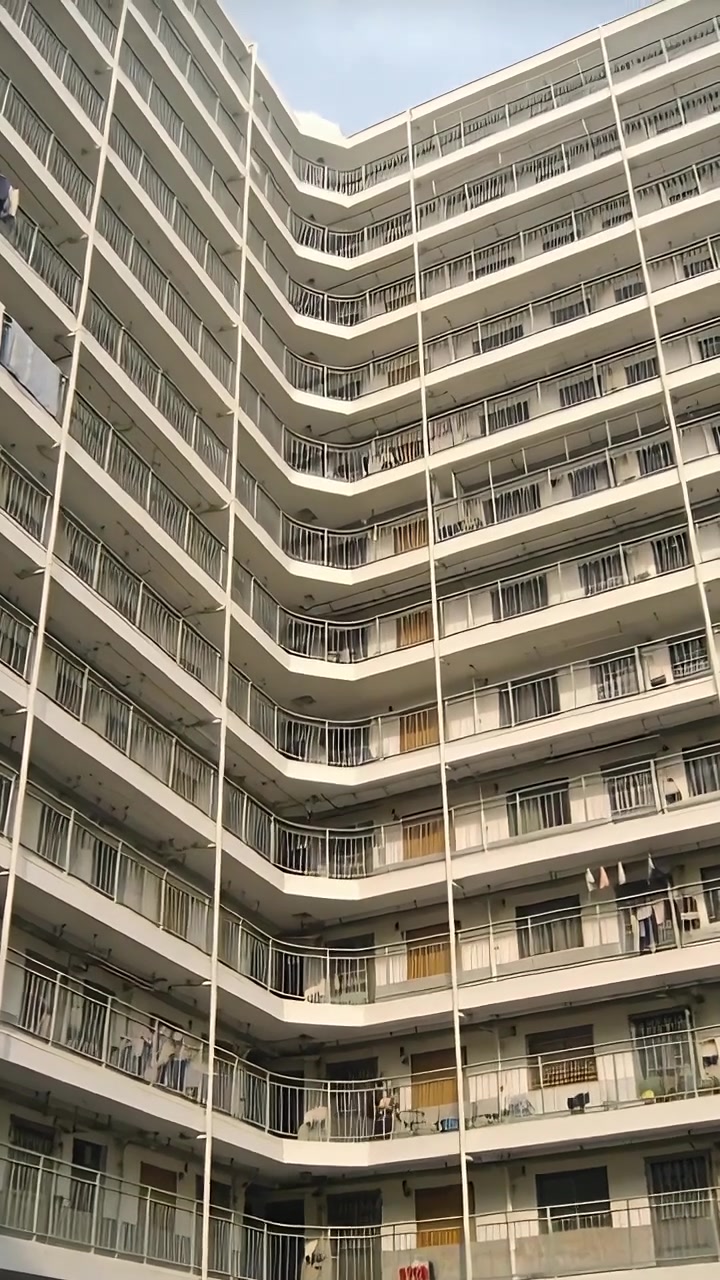 Vídeo vertical: Câmera inclinando-se para cima para revelar um bloco alto no pátio com roupas estendidas e pessoas