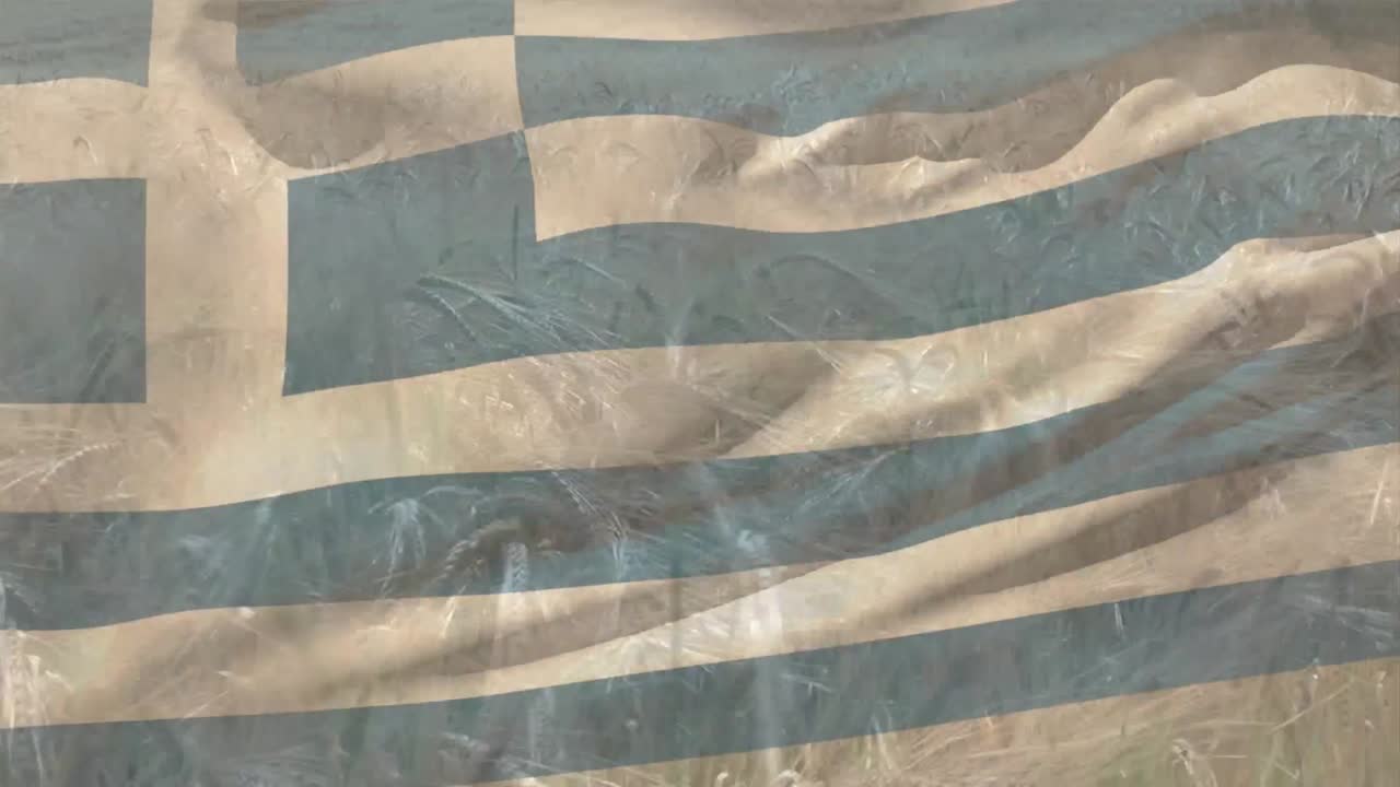 animación de la bandera de grecia ondeando sobre un campo de trigo