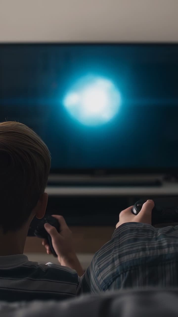 Video verticale: un papà e un figlio con controller in mano, seduti su un divano con indosso delle camicie a quadri, giocano guardando la TV