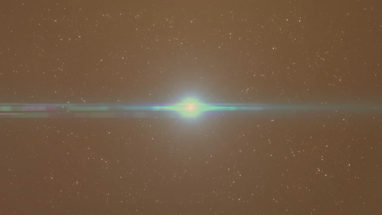 Loading spinner icon spinning over glowing halo in starfield background with green blue lens flare