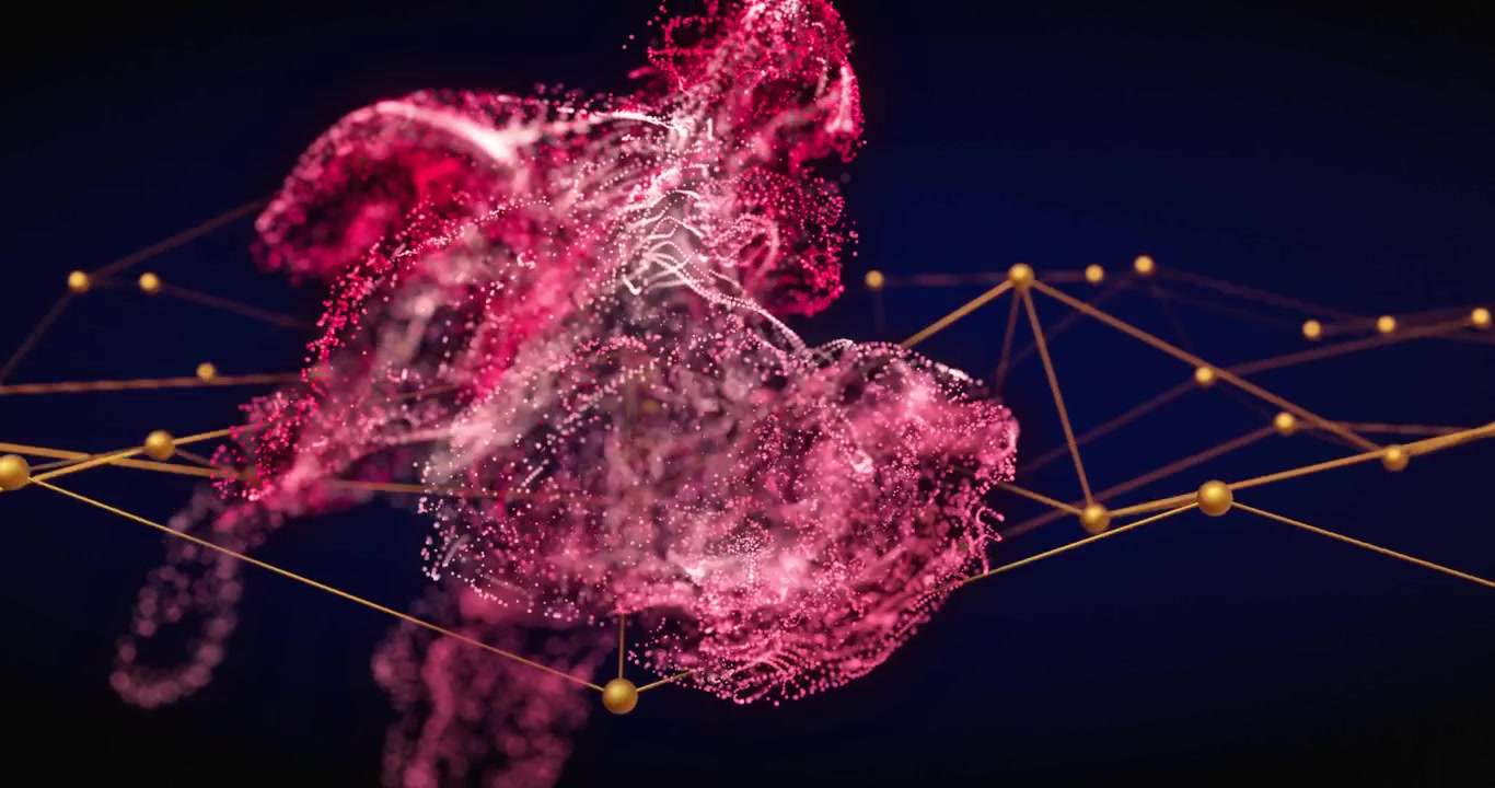 Pulsierende magenta-weiße Wolke expandiert Bänder vor dunkelblauem Hintergrund, enthüllt goldenes Netzwerk.
