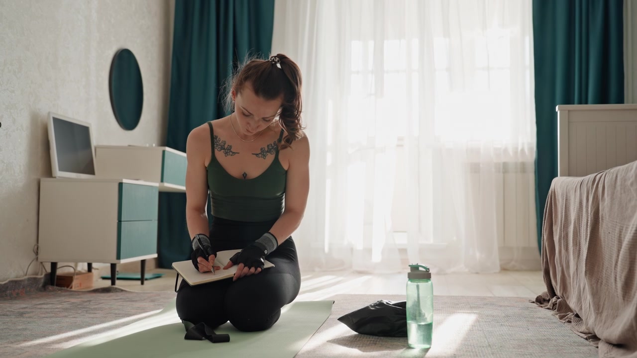 In ginocchio sul tappetino, registra i progressi dell'allenamento, con una borraccia vicina. Luce naturale dalla finestra e arredamento morbido della camera da letto creano un'atmosfera interna accogliente. Prende appunti concentrato dopo la sessione, enfatizzando recupero e idratazione