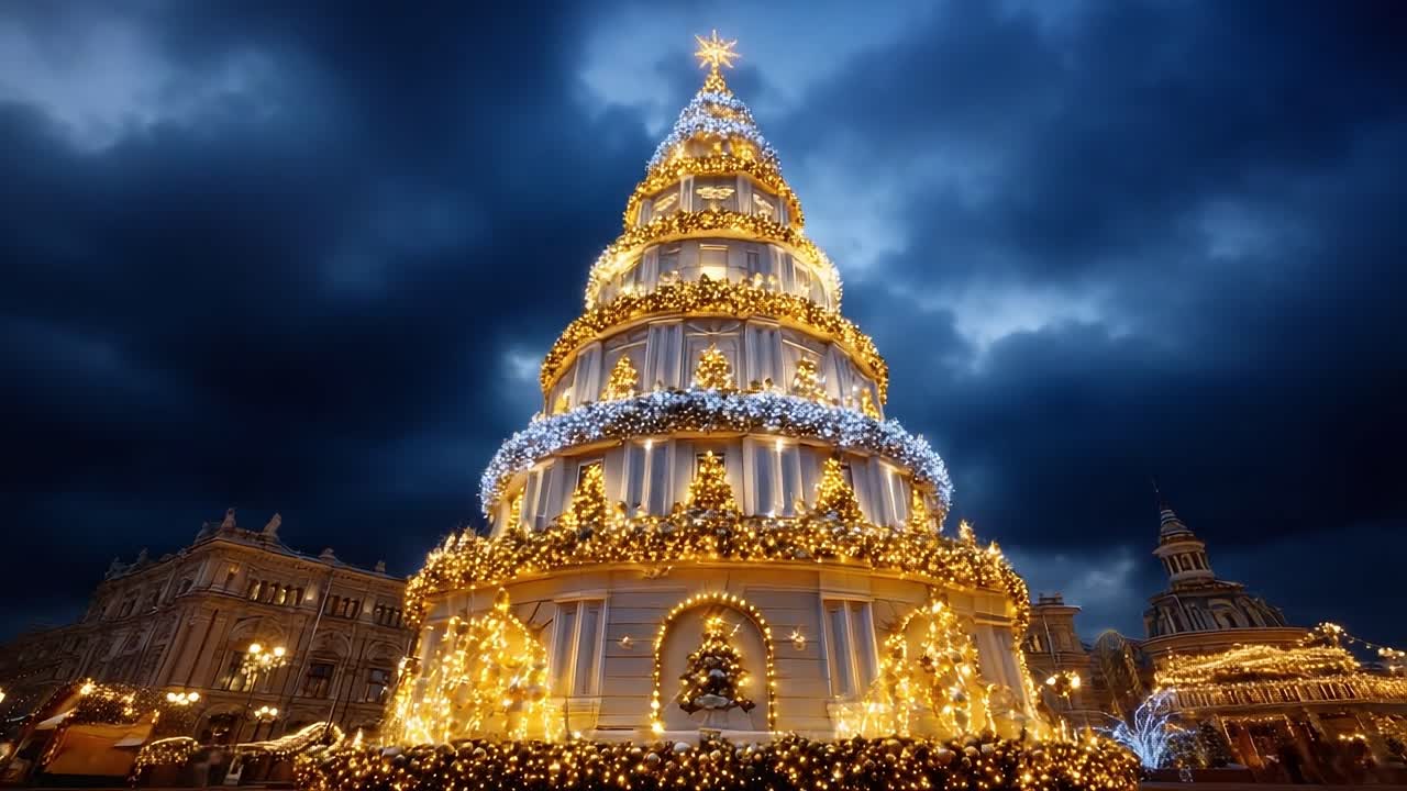 A Magnificent Illuminated Christmas Tree Shining Brightly Against a Dramatic Night Sky, Capturing the Joy and Spirit of the Holiday Season