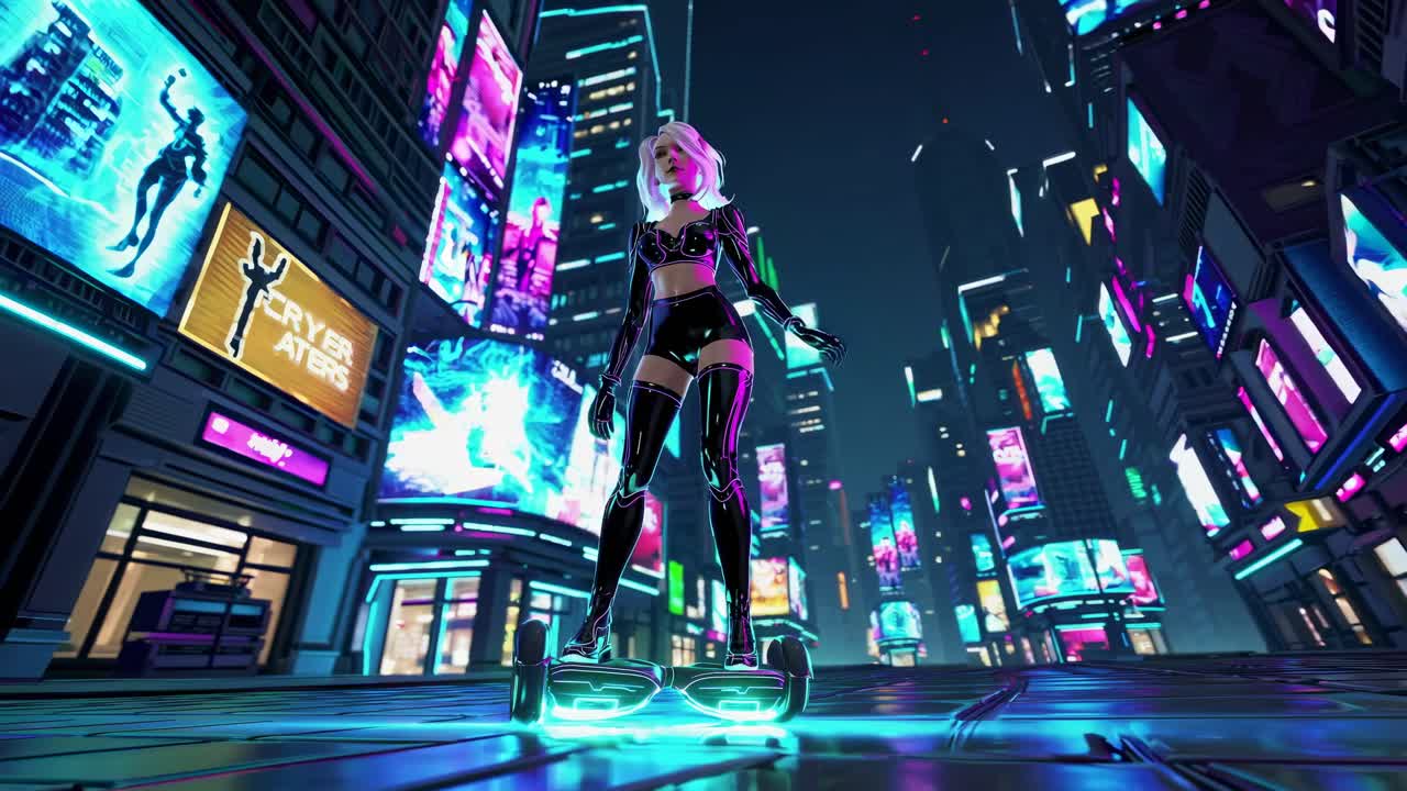 chica de anime cyberpunk en un hoverboard en la ciudad de neón